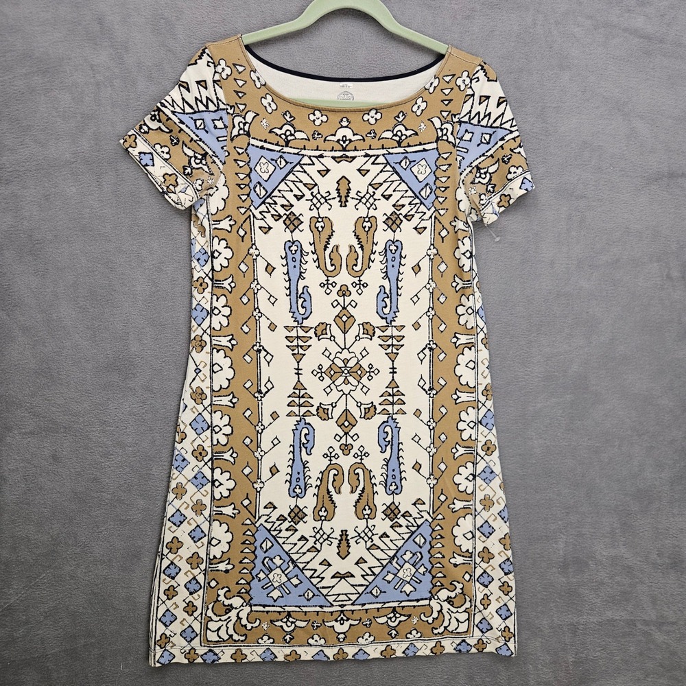 Tory Burch Pima Cotton Short Sleeve T-Shirt Dress Blue Tan Geometric Print S